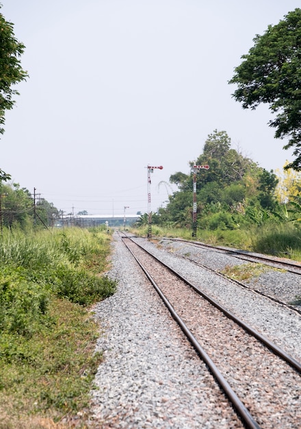 Traffic signal pole in the railway yard .