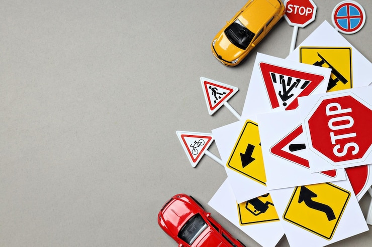 Photo traffic signs and vehicles on a light background