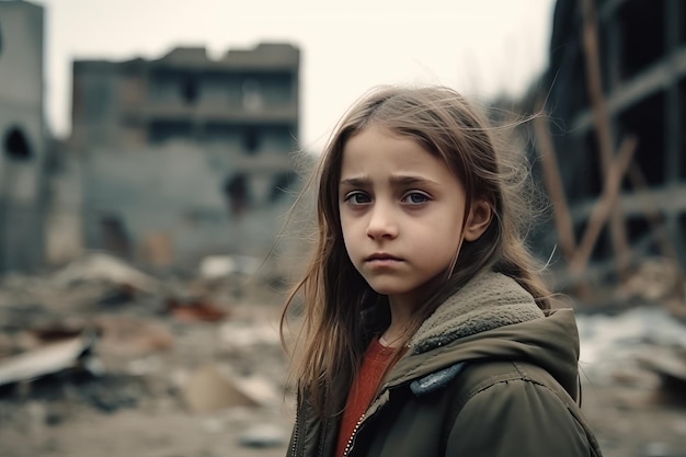 A tragic portrait of a war orphan girl amidst the destruction and ruins Ukraine Russia conflict