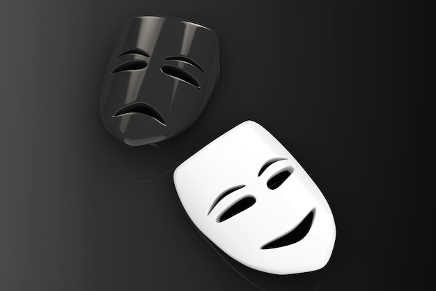 Photo tragicomic theater masks. sad and smile masks on a black background