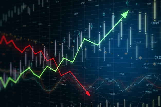 Traiding concept with forex chart screen and red and green arrows