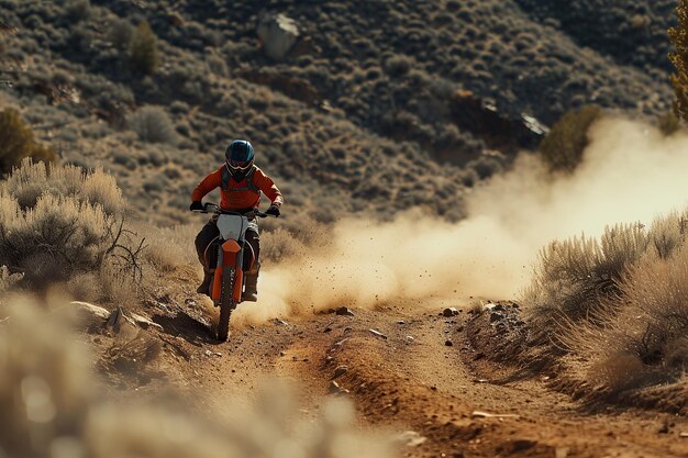 Photo trail blazing daredevil rider blasting through