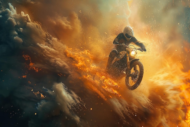 Photo trail blazing daredevil rider blasting through