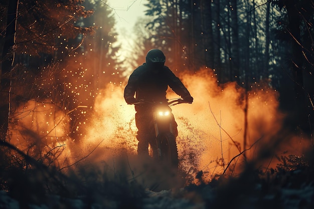 Photo trail blazing daredevil rider blasting through