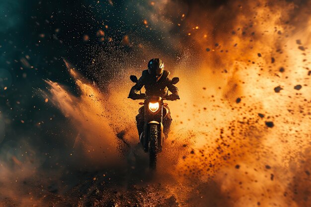 Photo trail blazing daredevil rider blasting through