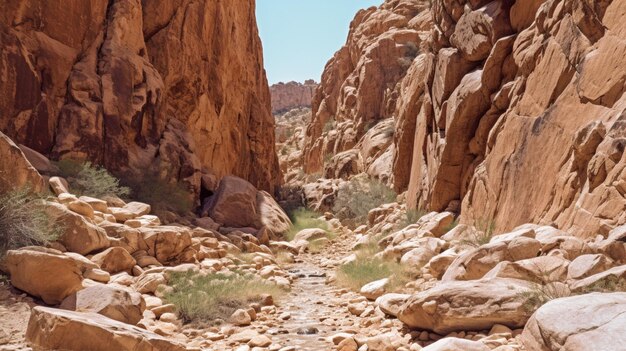 A trail in a canyon with a mountain in the background