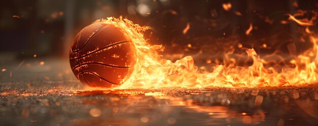 Trail of flames follows the blazing basketball as it moves towards the hoop Concept Basketball on Fire Trail of Flames Blazing Hoop Fiery Sports Moment