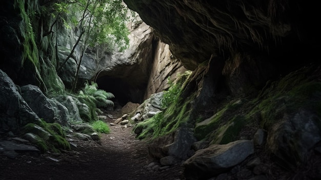 A trail in the forest with a cave in the background