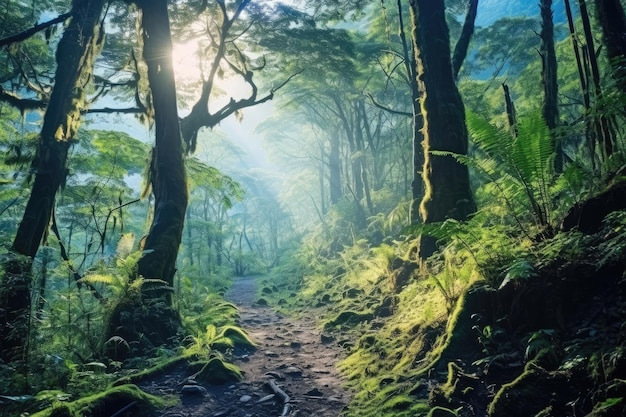 Trail in regenwoud met bomen bedekt mos