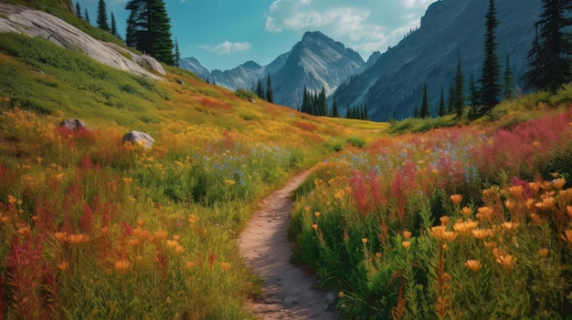 Trail leading onto mountains with flowering meadows Generative AI