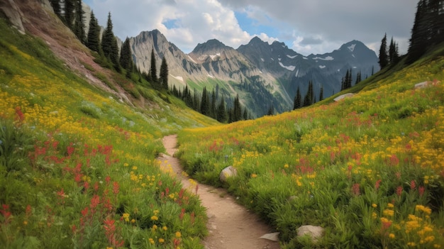 Trail leading onto mountains with flowering meadows Generative AI