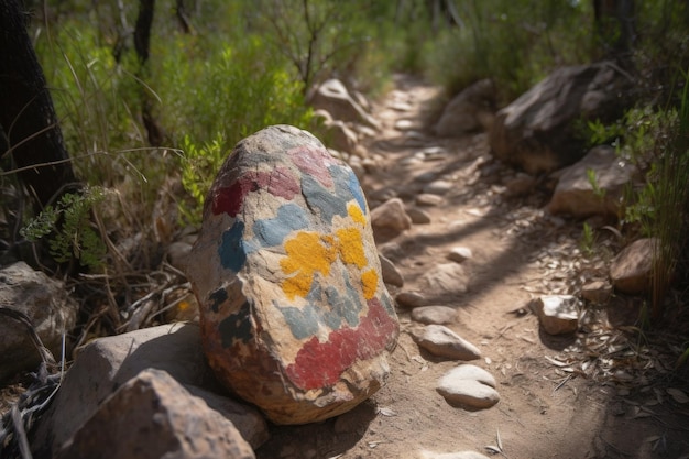 Trail marker gemaakt van geschilderde rots op een ruig pad gemaakt met generatieve ai