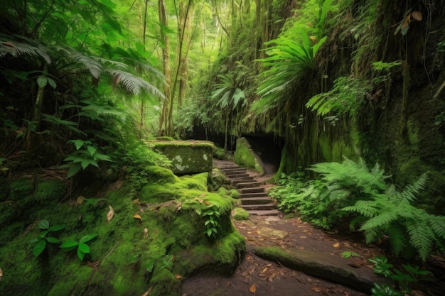 Trail markers die leiden naar een verborgen waterval omringd door weelderig groen gemaakt met generatieve AI