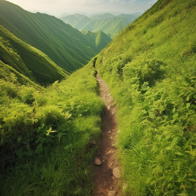 A trail in the mountains is surrounded by green grass and the sun is shining.