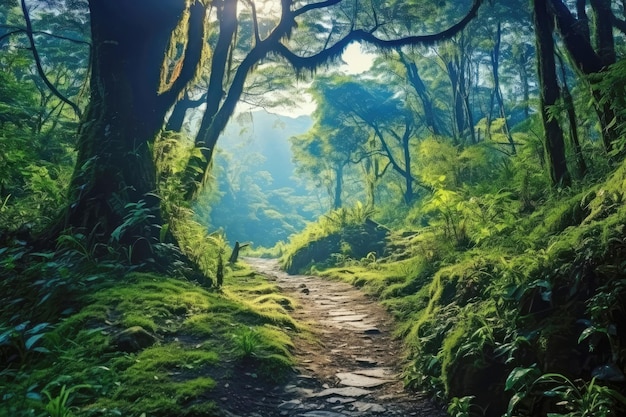 Trail in rainforest with the sunlight shining through the trees