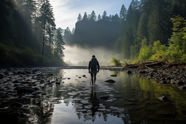 Trail Runner Crossing A River Generative AI