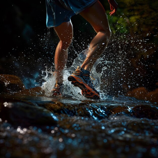 Trail running en runner atleet spetteren in het water Sneakers view