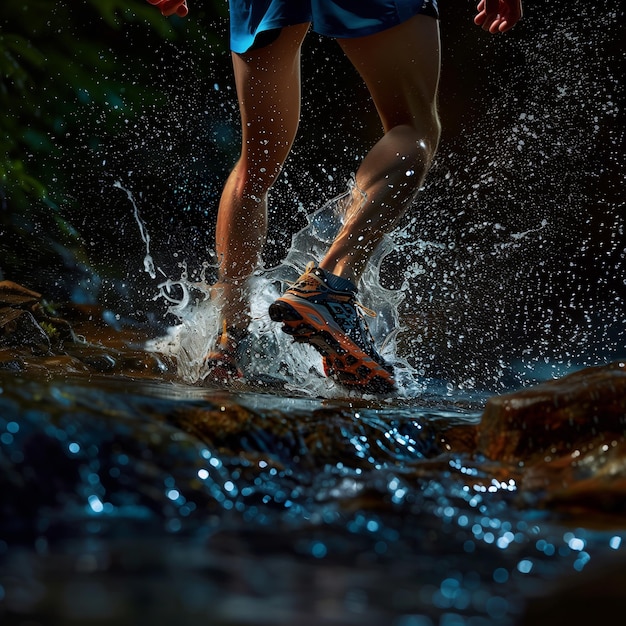 Trail Running and runner athlete splashing in the water Sneakers view