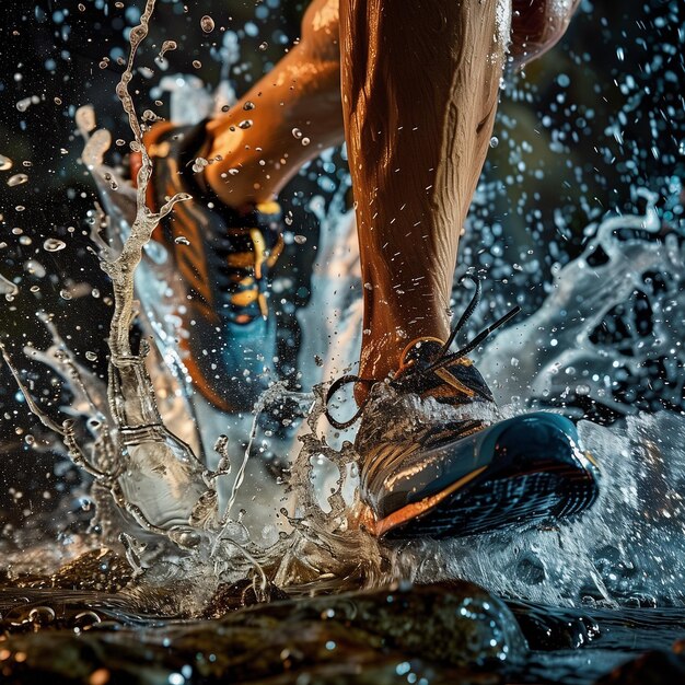 Trail Running and runner athlete splashing in the water Sneakers view