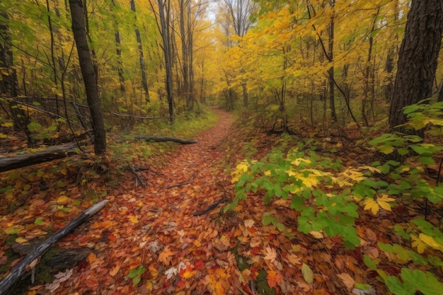 Trail through autumn forest with fallen leaves and colorful foliage created with generative ai