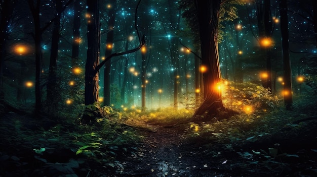 A trail through a forest with fireflies