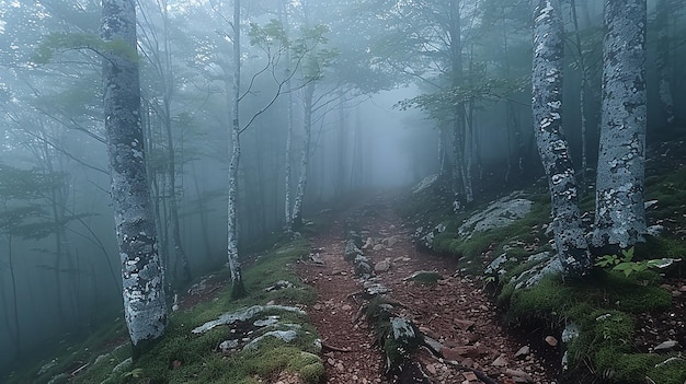 Photo a trail through a forest with trees and rocks on the ground