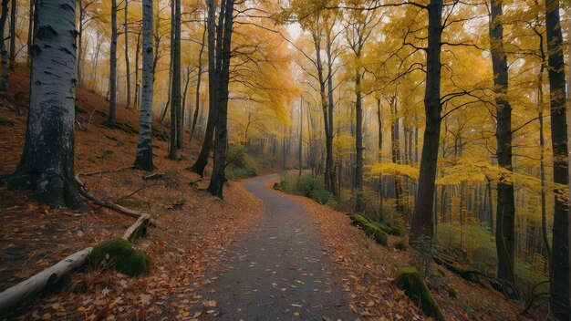 Trail through a misty autumnal golden forest