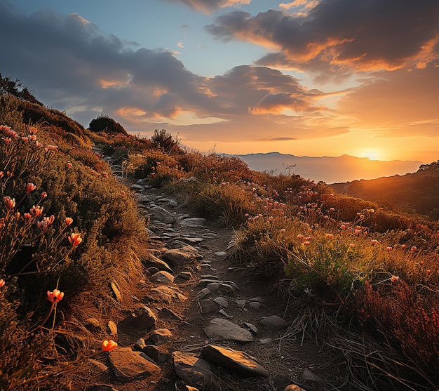 Фото Тропа с цветами вниз по склону на закате стильный пейзаж