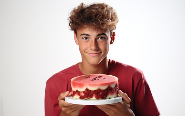 Photo trailblazing teenager boy is holding watermelon cake isolated on white background