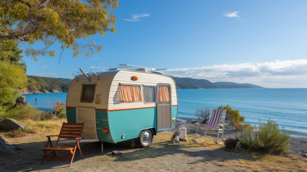 A trailer parked on a beach next to the ocean digital image