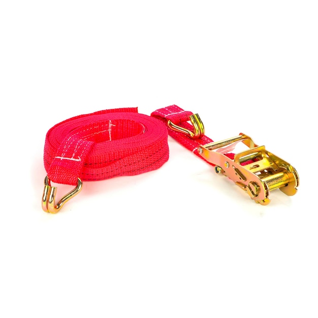 Trailer strop or strap in orange nylon and metal tie isolated over white background Ratchet straps for cargo load control Cargo restraint strap