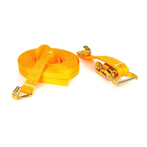 Trailer strop or strap in orange nylon and metal tie isolated over white background Ratchet straps for cargo load control Cargo restraint strap