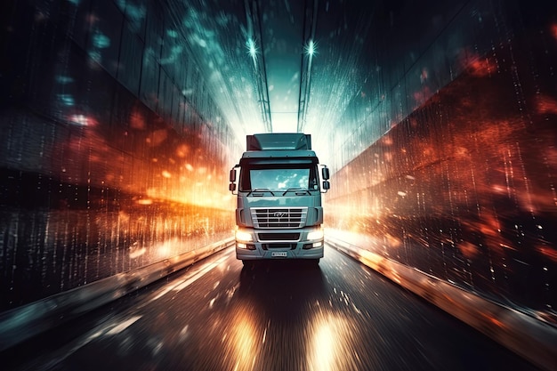 Trailer truck is driving on highway Concept of logistics and management of transportation and delivery of commercial business cargo by transport Generative AI
