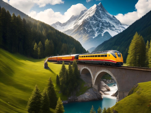 A train on a bridge with mountains in the background