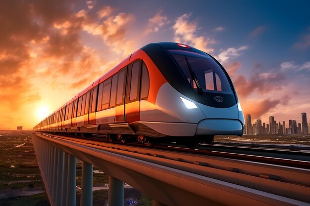 Photo a train on a bridge with a sunset in the background