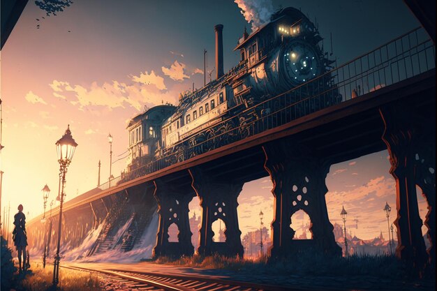 A train on a bridge with the words steam on it