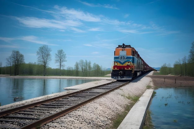 Foto train by trees against blue sky 4k kwaliteit beeld gegenereerd door ai