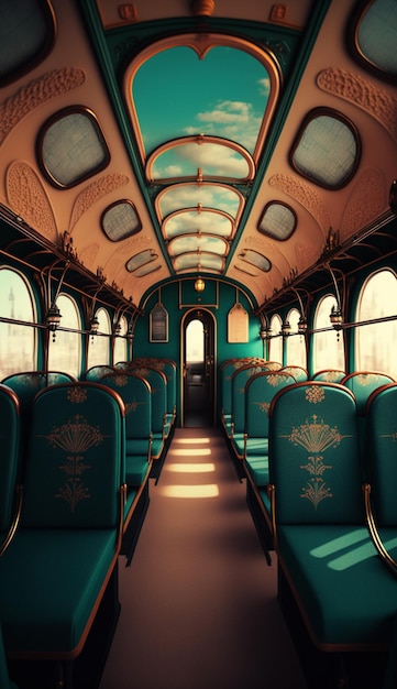 A train car with a green and blue interior.