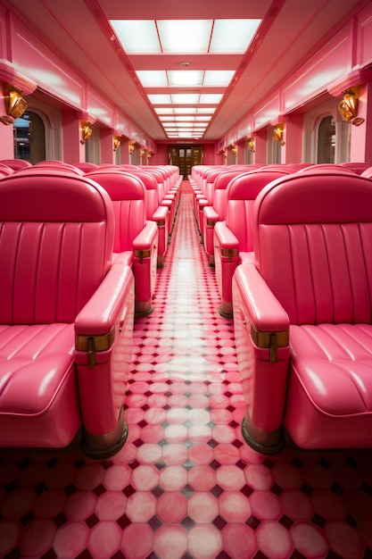 Train car with pink seats and checkered floor Generative AI