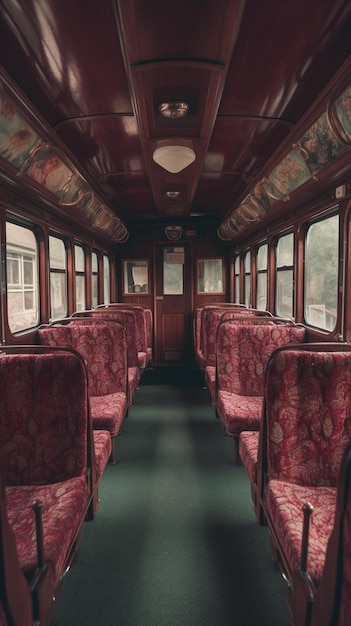 A train car with red seats and a sign on the wall that says " the number 1 ".