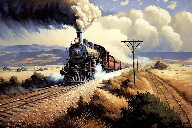 Фото Поезд пыхтит по рельсам с видом на живописный сельский пейзаж