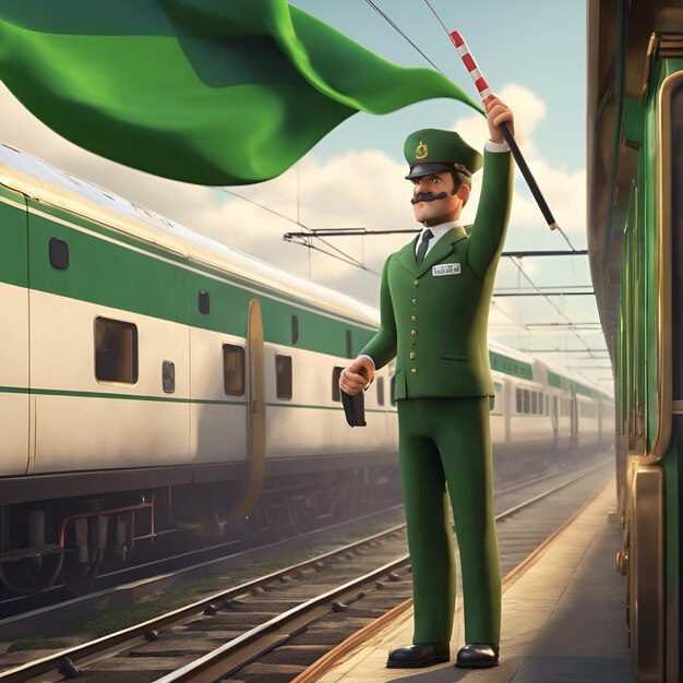 A train conductor waving a green flag to signal the departure