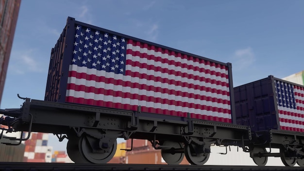 Foto treno e container con la bandiera degli stati uniti illustrazione 3d del trasporto ferroviario