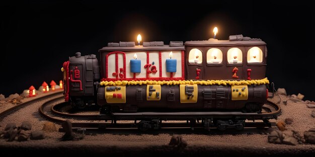 Train design Birthday cake with candles on it celebration decorative lights with copy space