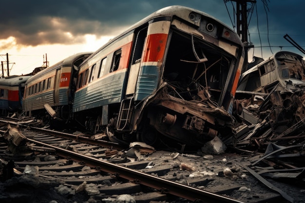 Photo train destroyed by the earthquake in the middle of the city toned a serious rail accident ai generated