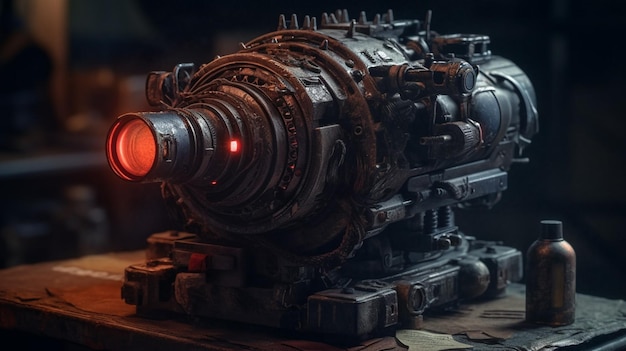 A train engine with the red light on it