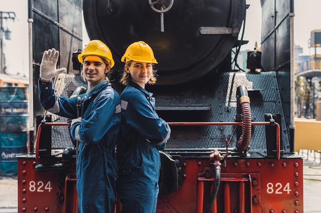 Фото Команда инженеров поездов работает по обслуживанию старого грязного винтажного классического паровоза в мастерской по ремонту поездов на вокзале