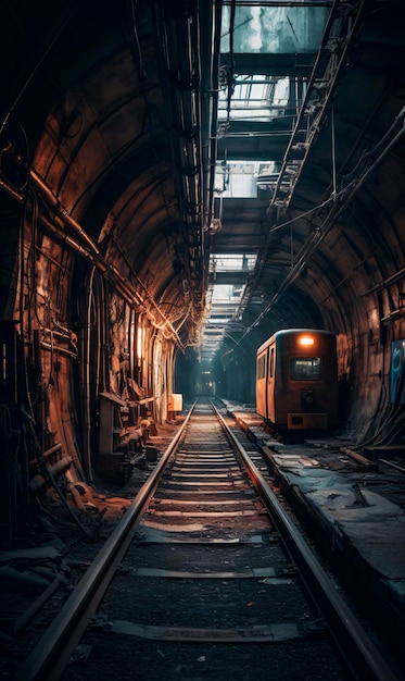 A train going through a tunnel with graffiti on the walls and unsplash futurism in random circular platforms on worksafe AI generated AI generative AI generativ