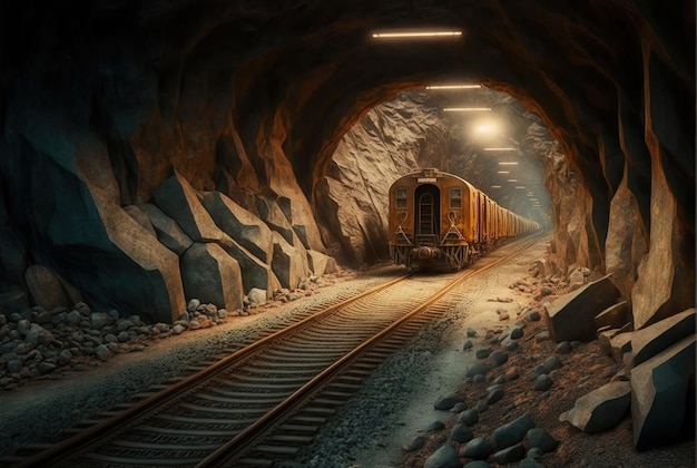 Поезд идет через туннель с огнями на потолке