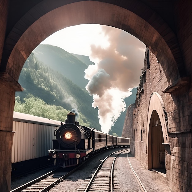 A train going through a tunnel with a mountain in the background.